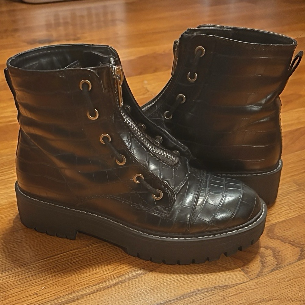 Sugar “Livewire” Black Faux-Croc Combat Boots – Size 8.5M